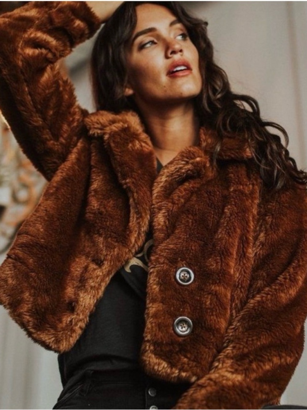 Free People Mena Faux Fur Teddy Jacket Brown Boho Cropped Maximalism | Small